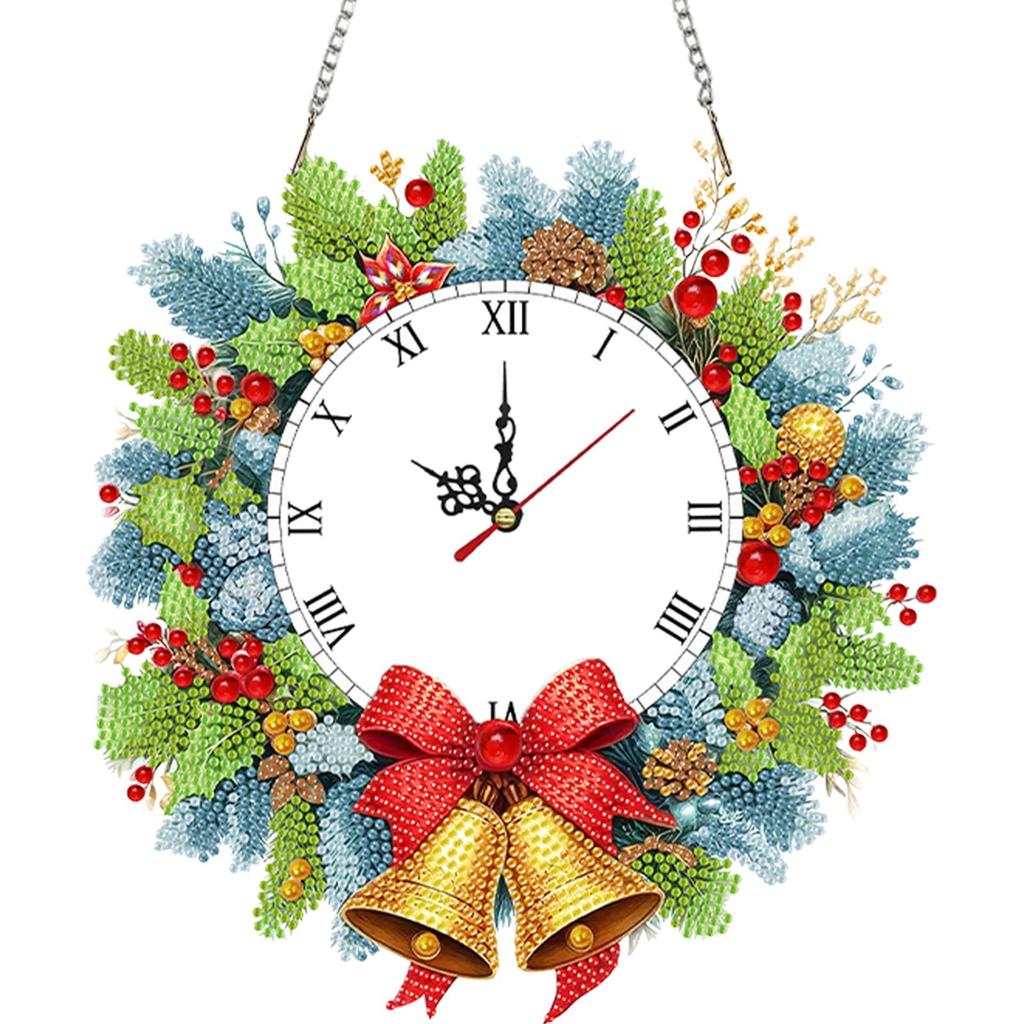 2D/Flat DIY Christmas Acrylic Diamond Painting Ornament with Clock Function Diamond Painting Clock Pendant for Home Decoration