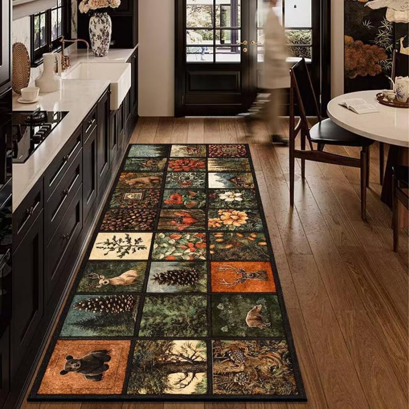 VIKAMA Vintage Forest Deer Runner Rug Mountain Lake Wildlife Non Slip Washable Long Floor Mat Farmhouse Kitchen Hallway Decor