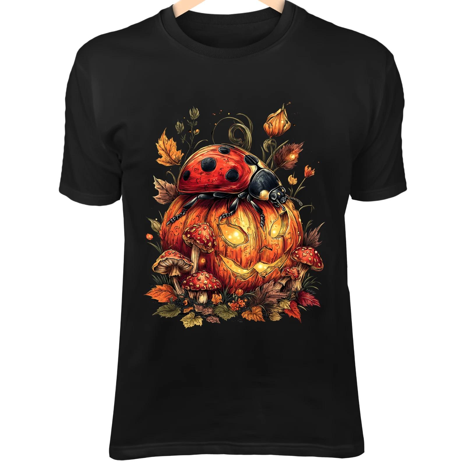 Cute Ladybug Pumpkin Art - Glowing Jack-o’-Lantern, Mushrooms & Autumn Leaves 2XL