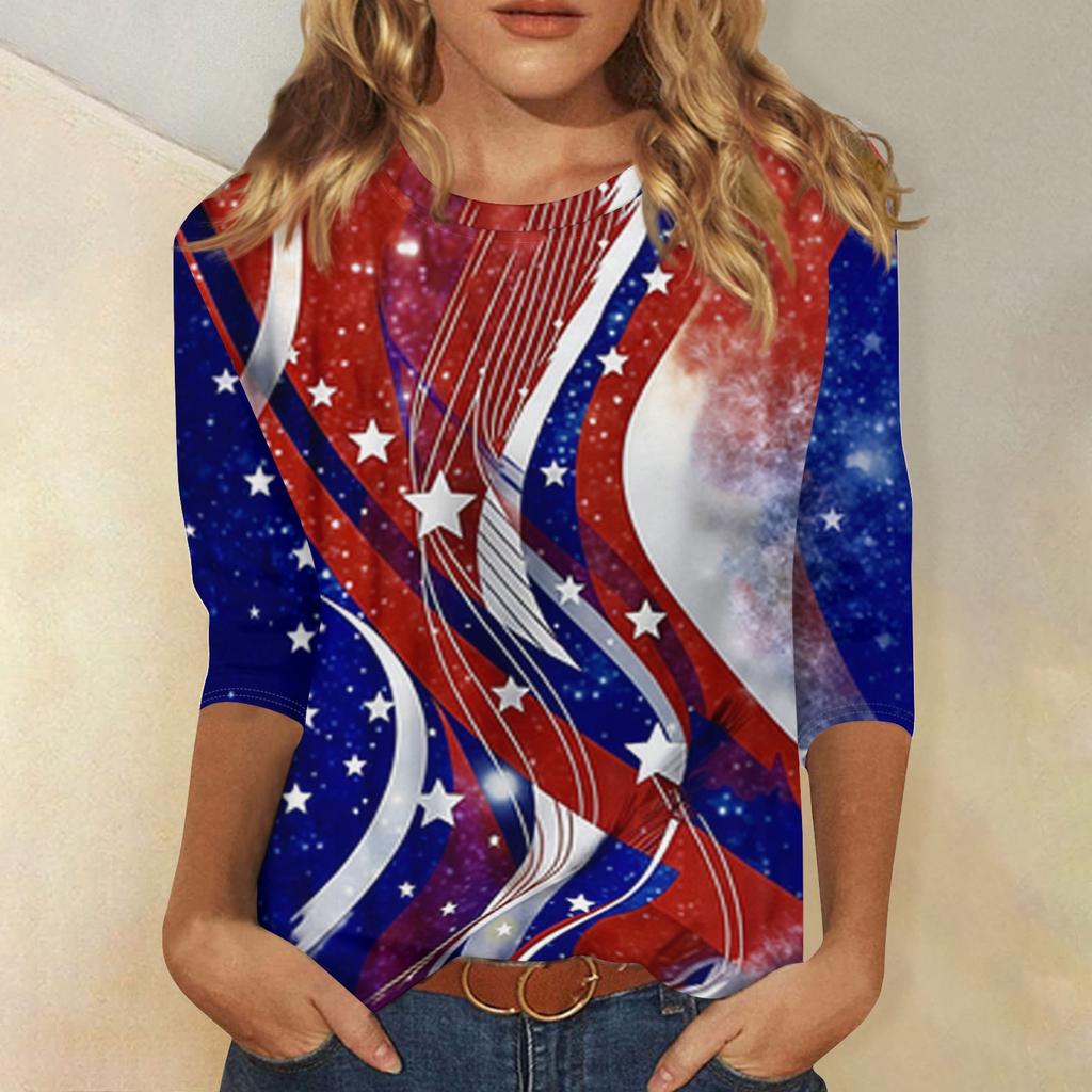 Women's Fashionable Casual Independence Day American Flag and Stars Print Neck Three-Quarter Sleeve T-Shirt Top