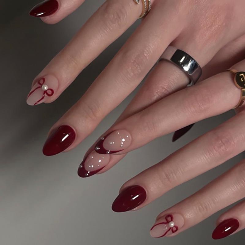 Красные миндалевидные носимые ногти с бантом - Короткий французский стиль на Новый год Model JP4285 with Glue