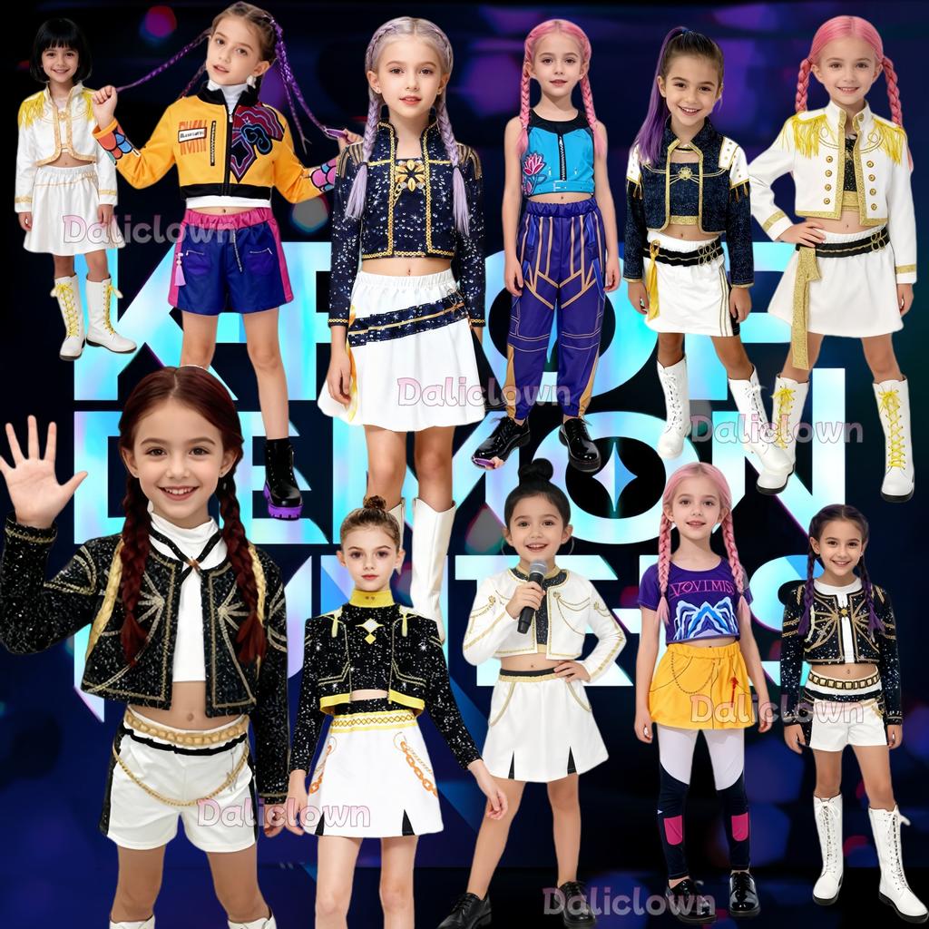 Costume Guerriere Kpop Rummy Rumi Zoey Mira Demon Hunters Cosplay Costume Bambino Huntrix Cantante Outfit da Esibizione Festa Vestito da Ragazza