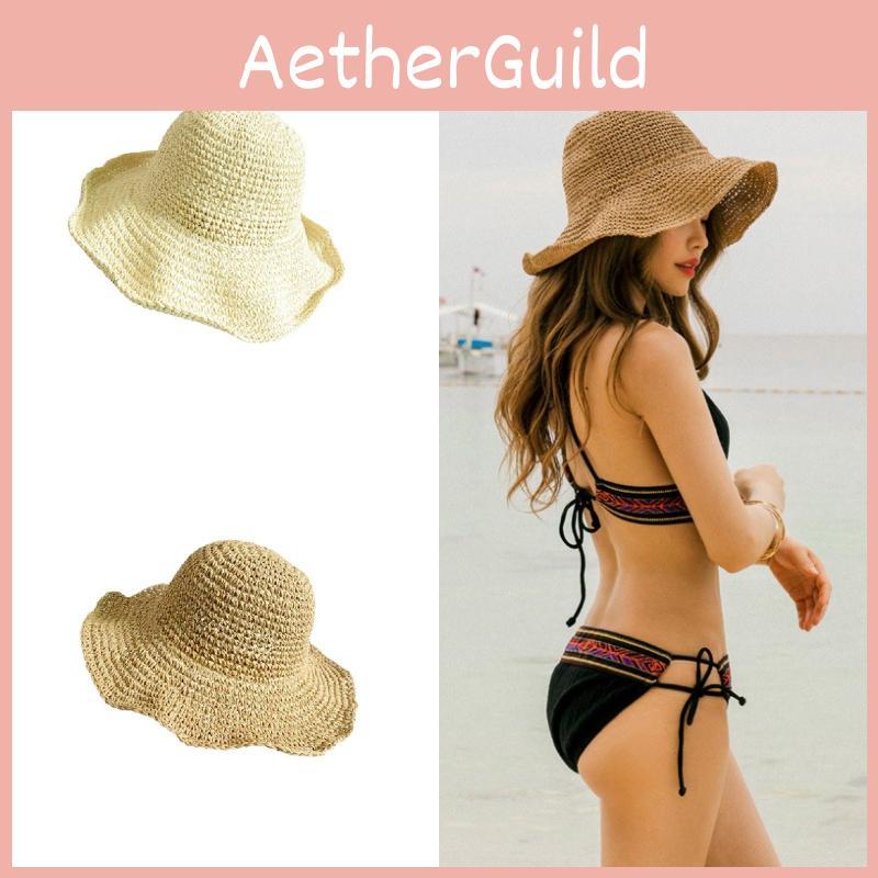 Stylish Foldable Straw Hat For Women, Perfect For Summer Beach And Sun Protection In Khaki And Beige, Circumference 56-58cm