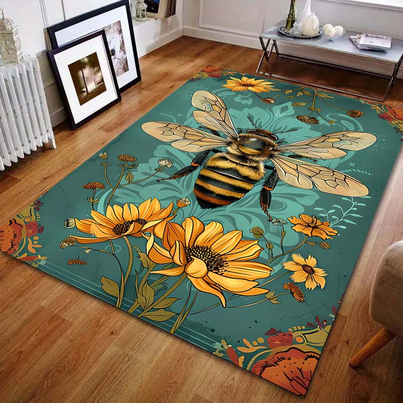 Vintage Bee Sunflower Print Carpet for Living Room Bedroom Bedside Sofa Table Floor Mat Music Room Area Rug Home Decor Gifts