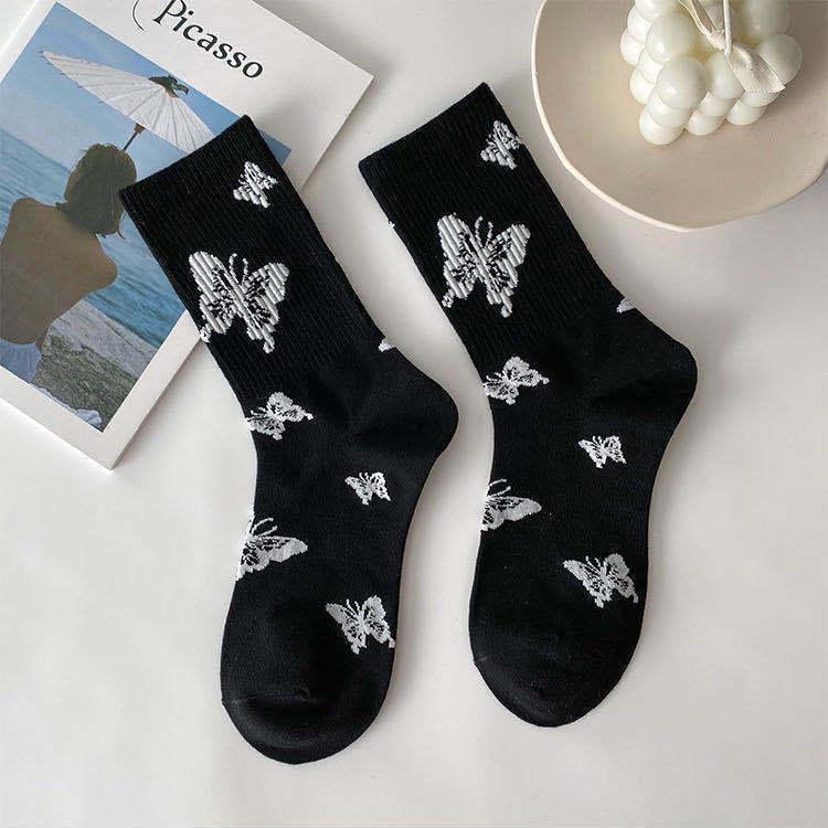 Butterfly Women's Spring Mid-Calf Black & White Scrunched Socks - Trendy Street Sport Style