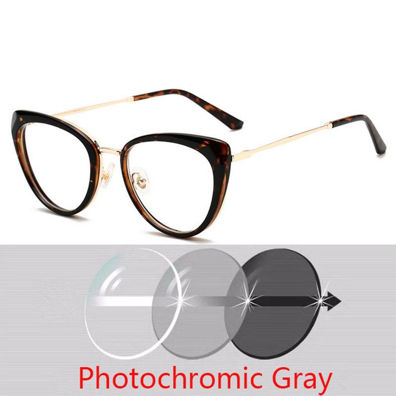Anti-Blue Light Cat Eye Prescription Spectacle Women Myopia Lens Photochromic Glasses Diopter 0 -0.5 -0.75 -1.0 -2.0 To -6.0