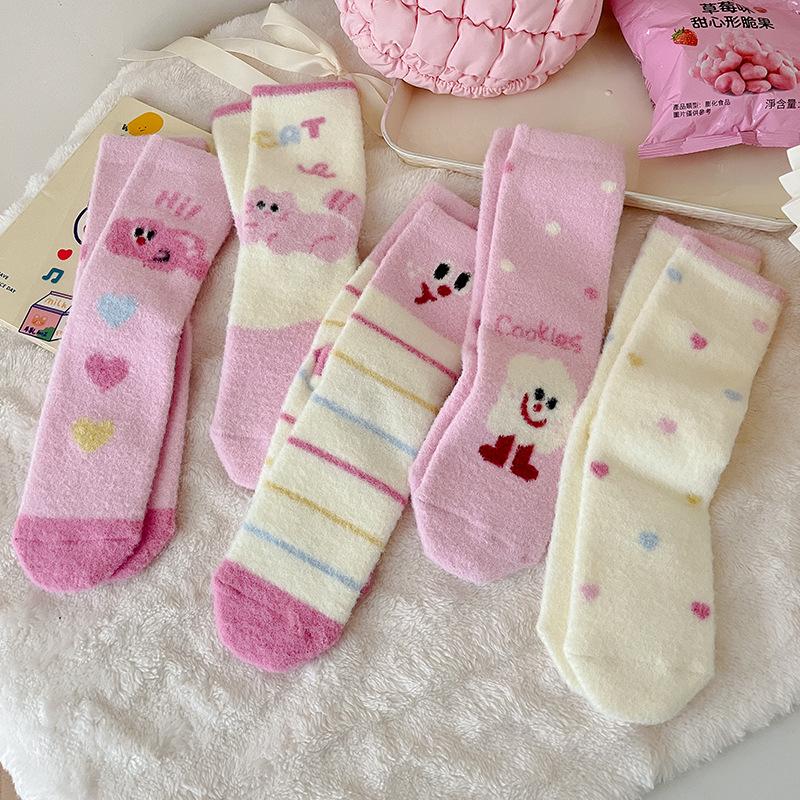 Pink Australian Velvet Socks Medium Tube Socks Season Warm, Piled And Thickened Cute Expression Cartoon Plush Sleep Socks