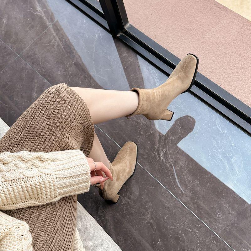 Gentle Short Boots Heighten Wind Thick Heel  Thin Lady Martin Boots Rear Zipper Square Head Suede
