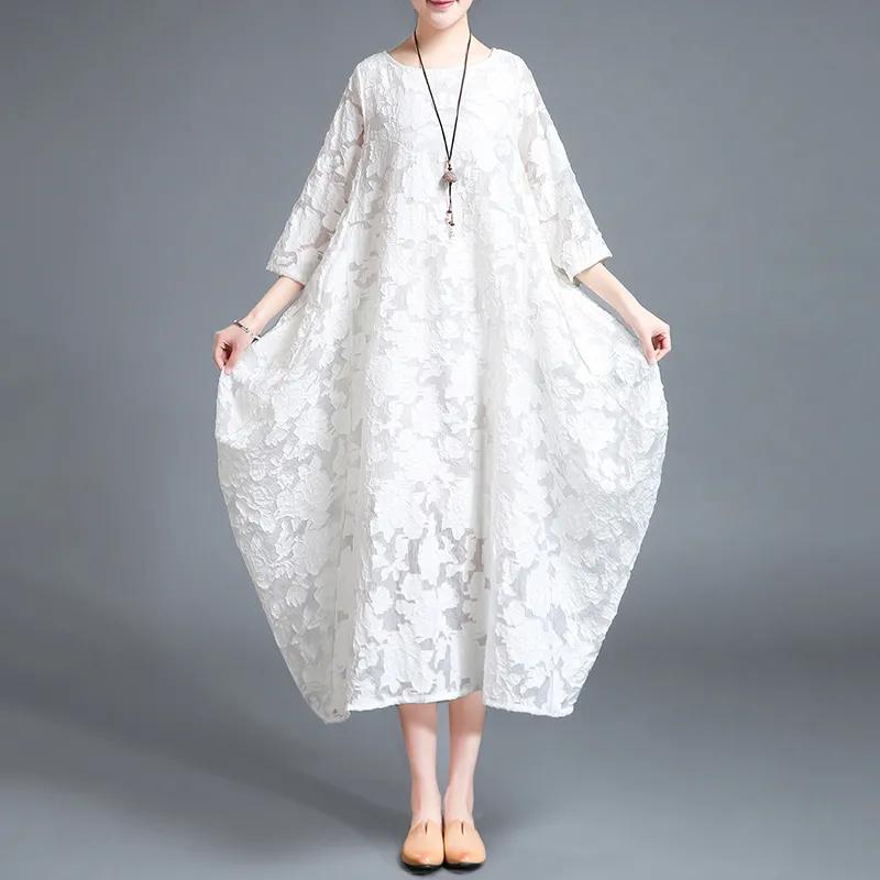 

DIMANAF 2023 Летнее платье-футболка больших размеров Женское хлопковое свободное платье с принтом Винтажное ретро-кружево А-силуэта Повседневные длинные элегантные женские платья