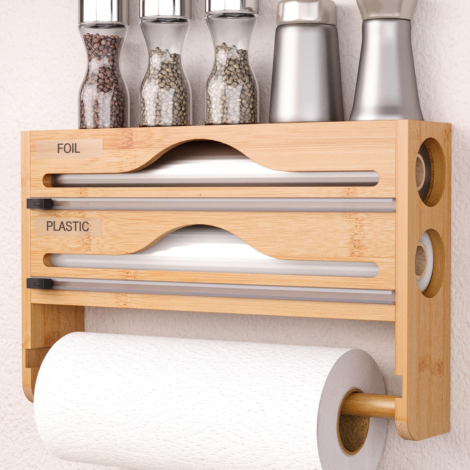 Scatola Taglia Pellicola Cling in Bambù con Portarotolo Carta da Cucina Organizzatore 2 in 1 per la Casa nero