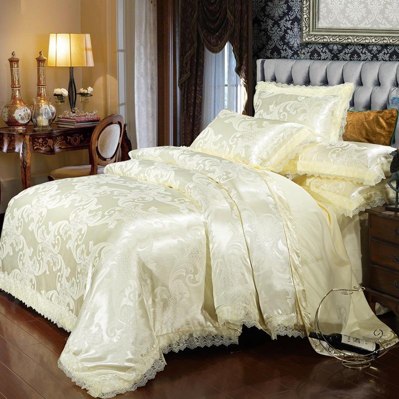 European Satin Jacquard Bedding Set - Lace-Trimmed, 4-Piece Set