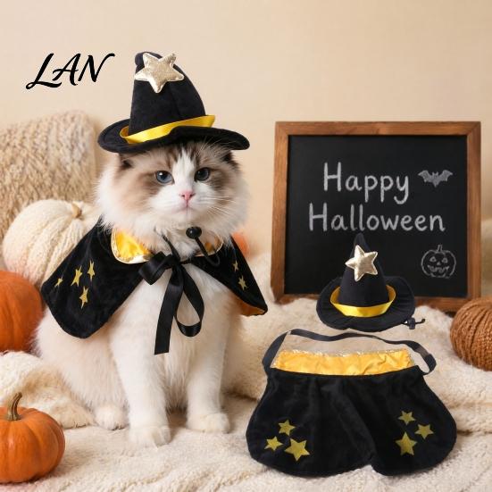 Adjustable Pet Cloak 1 Set Halloween Cat Witch Costume, Black Cape And Wizard Hat, Moon Costume Star Pointed Hat for Cats Small Medium Dogs