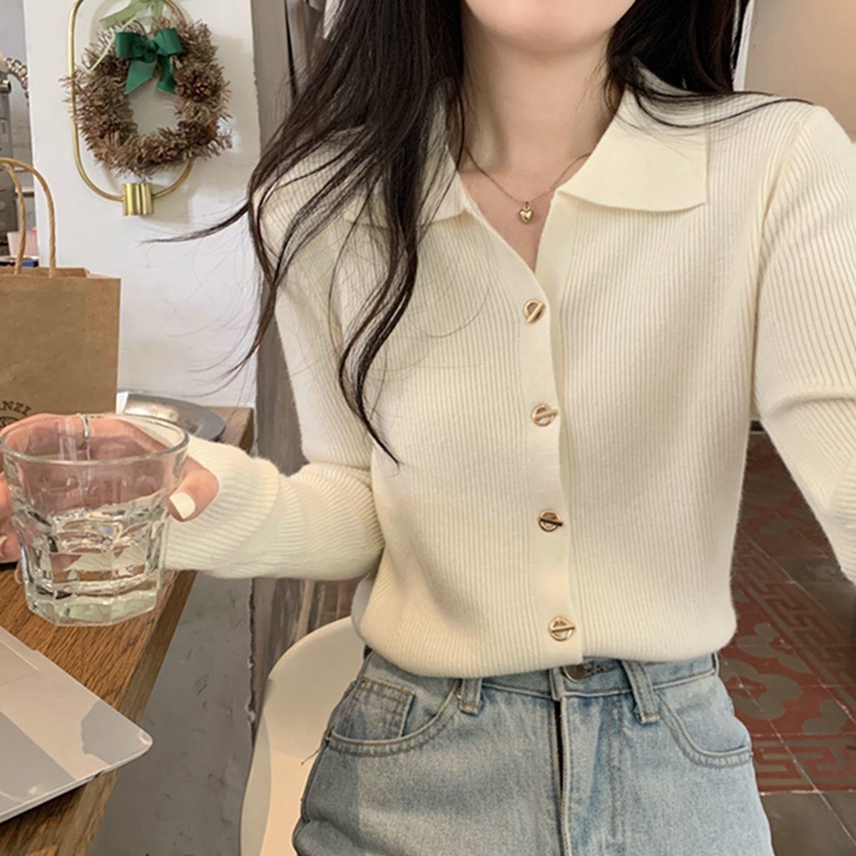 

Women s Slim Fit Knit Cardigan - Retro Collar, Long Sleeve, Single-Breasted, Spring/Autumn Style. S (80-95 Jin)