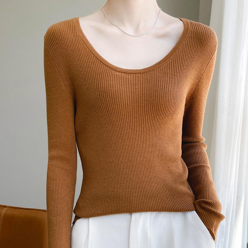Crew Neck Sweater Tight Long-sleeved Inner with Large U-neck Knitted Sweater Early Autumn New Basic Versatile Solid Color Bottoming Shirt Women
