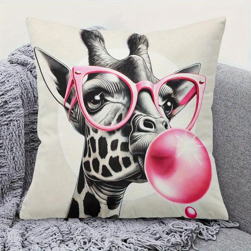 Funny Giraffe Cushion Cover Pink Glasses Bubble Gum Animal Print Pillowcase Modern Living Room Sofa Decor 40x40 cm