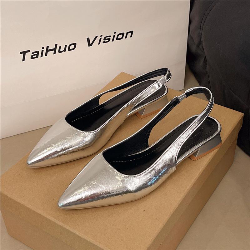 2025 summer sexy pointed low-heeled shoes women's thick-heeled sandals niche back empty French temperament bag head women's sandals