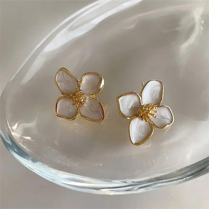 Hibiscus Dropped Glaze Flower Stud Earrings for Women Girl French Vintage Fashion Accessories Wedding Romantic Zircon Gifts