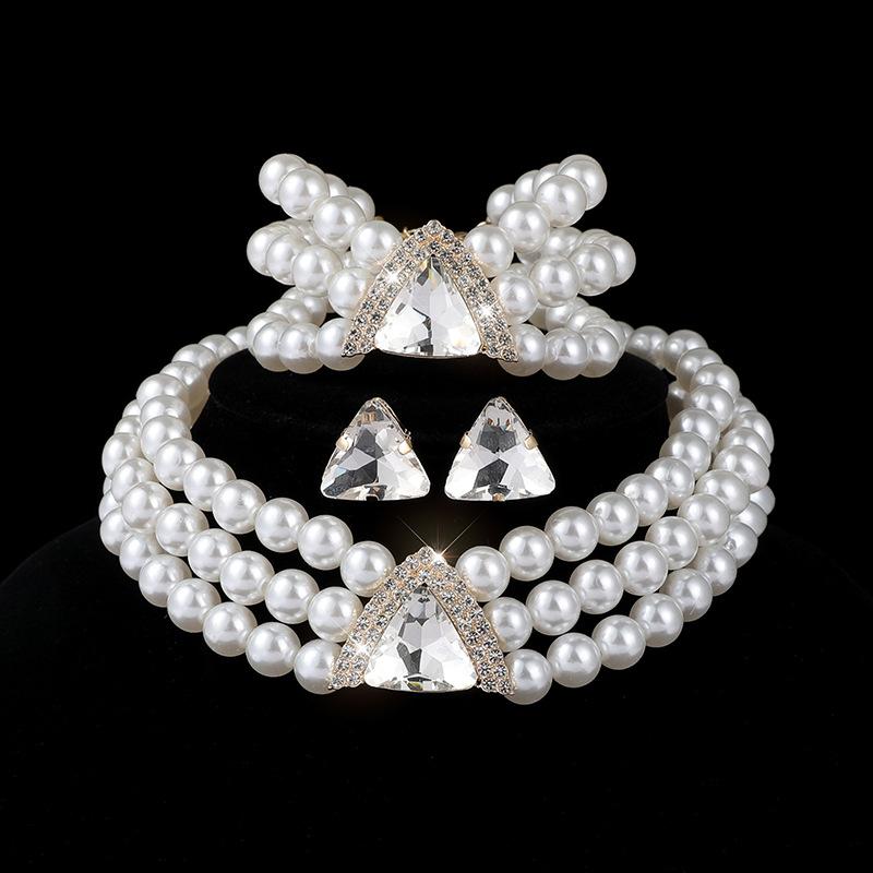 Geometric Crystal Multilayer Imitation Pearl Necklace Necklace Bracelet Stud Earrings Set Bridal Crystal Jewelry Women