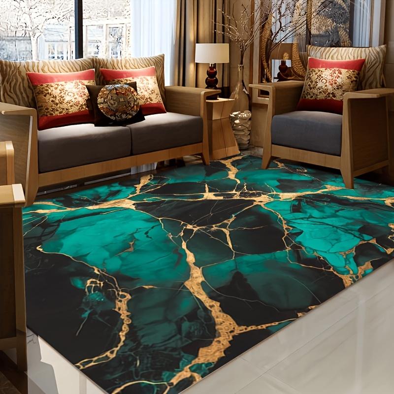 Vintage Bohemian Mat Anti Slip Machine Washable Dark Green Golden Marble Pattern Living Room Bedroom Entryway Decor Indoor Use