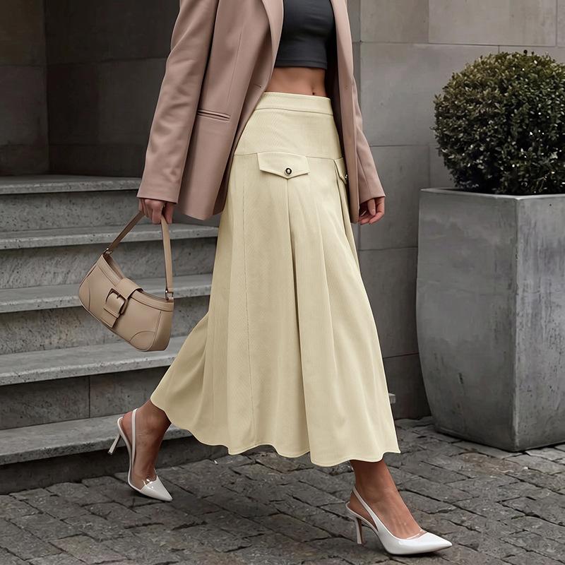 2026 Autumn/Winter New Style Business Casual Linen High-Waisted Pleated Mid-Length A-Line Skirt