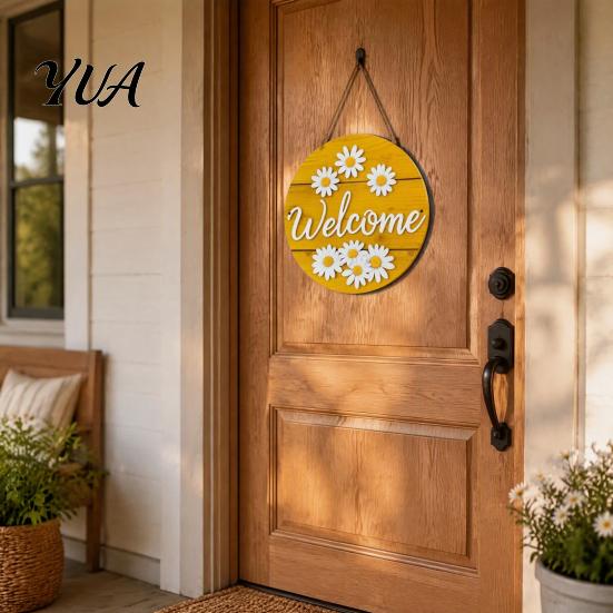 Wall Hanging Ornament for Living Room Wooden Daisy Welcome Sign Front Door, Rustic Farmhouse Decor Floral Art with Hemp Rope, Wood Plaque Home