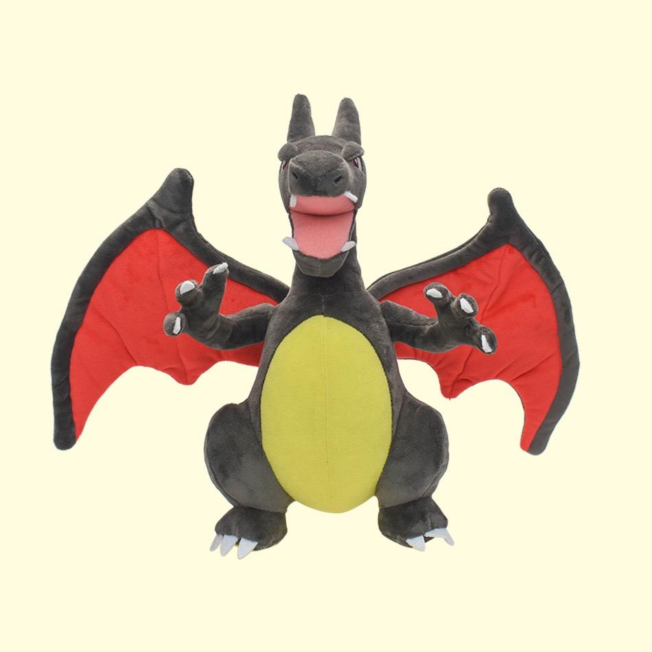2PCS Charizard And Shiny Mega Charizard X Plush Set Stuffed Dolls - Yellow Two-Horn Black Dragon Rare Collectible Gift