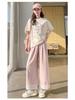 Petite Pink Lace Trim Wide Leg Women's Spring Summer Pants