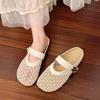 Women's Mesh Sandals Summer Flat Bottom Silver Buckle Round Head Slip-On Mary Jane Single Shoes Breathable Comfort Casual Shoes