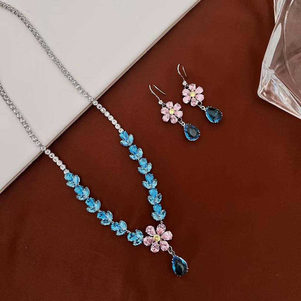 Super Flash Zircon Flower Water Drop Long Earrings Temperament Light Luxury Sweet Set Earrings