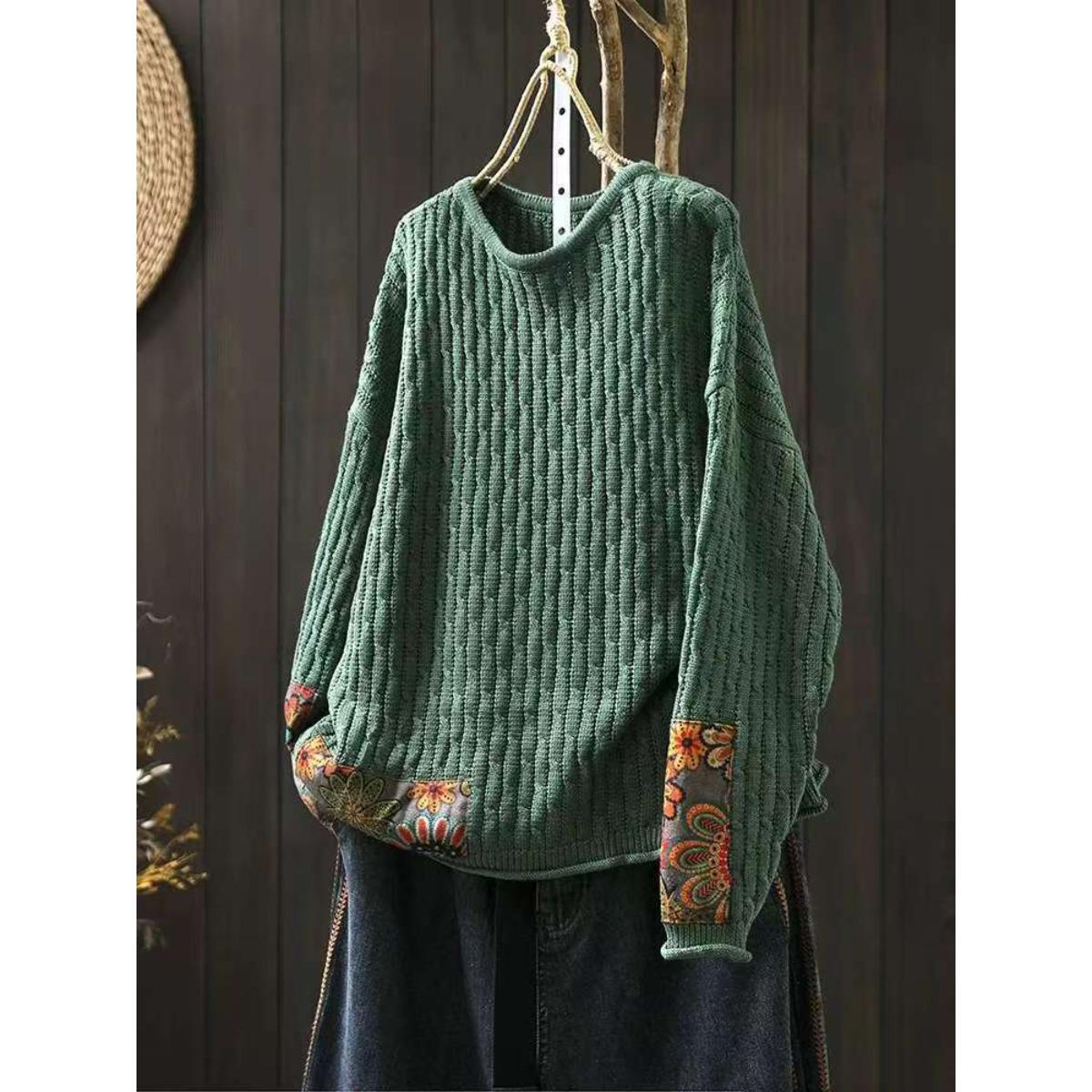 

Женский зимний винтажный свободный свитер с круглым вырезом и заплатками, повседневный свитер с длинными рукавами в китайском стиле One Size зелёный