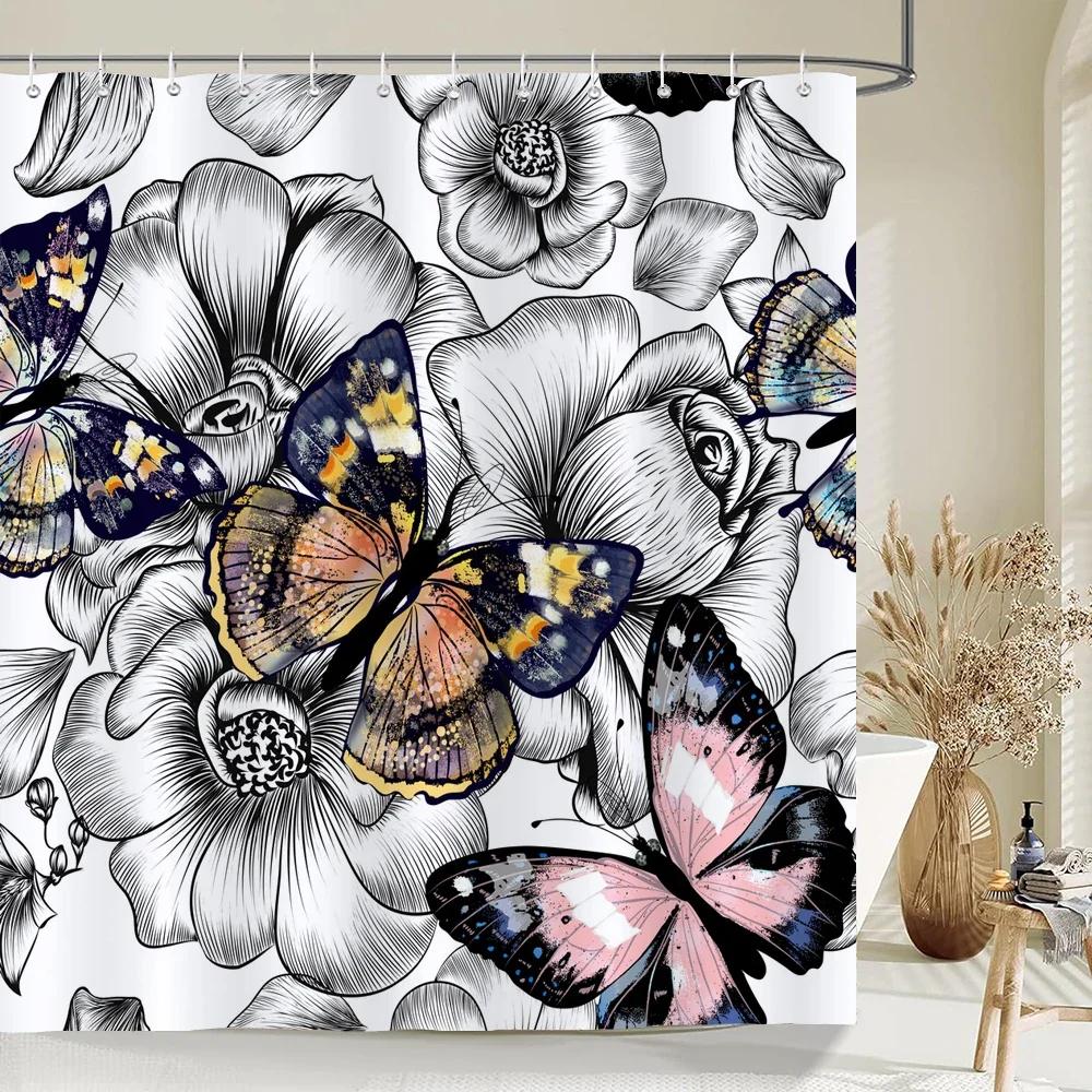 Nordic style Flower Leaf Plant Printed Fabric Shower Curtains Floral Bath Screen Waterproof Products Bathroom Decor with Hooks