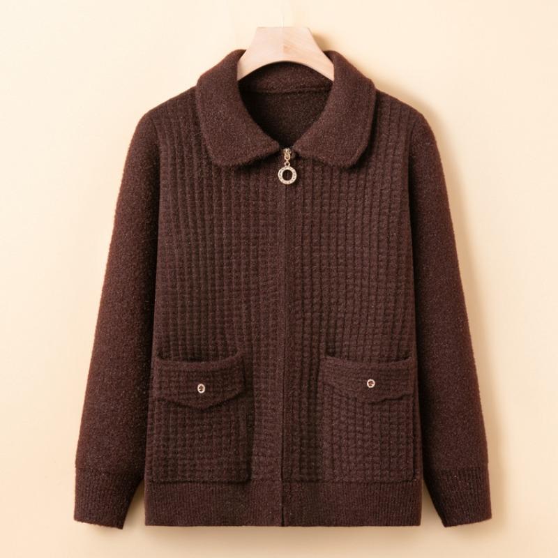 Mid-mother Early Spring Knitted Sweater Jacket Lapel Zipper Cardigan Women's Spring and Autumn New Top