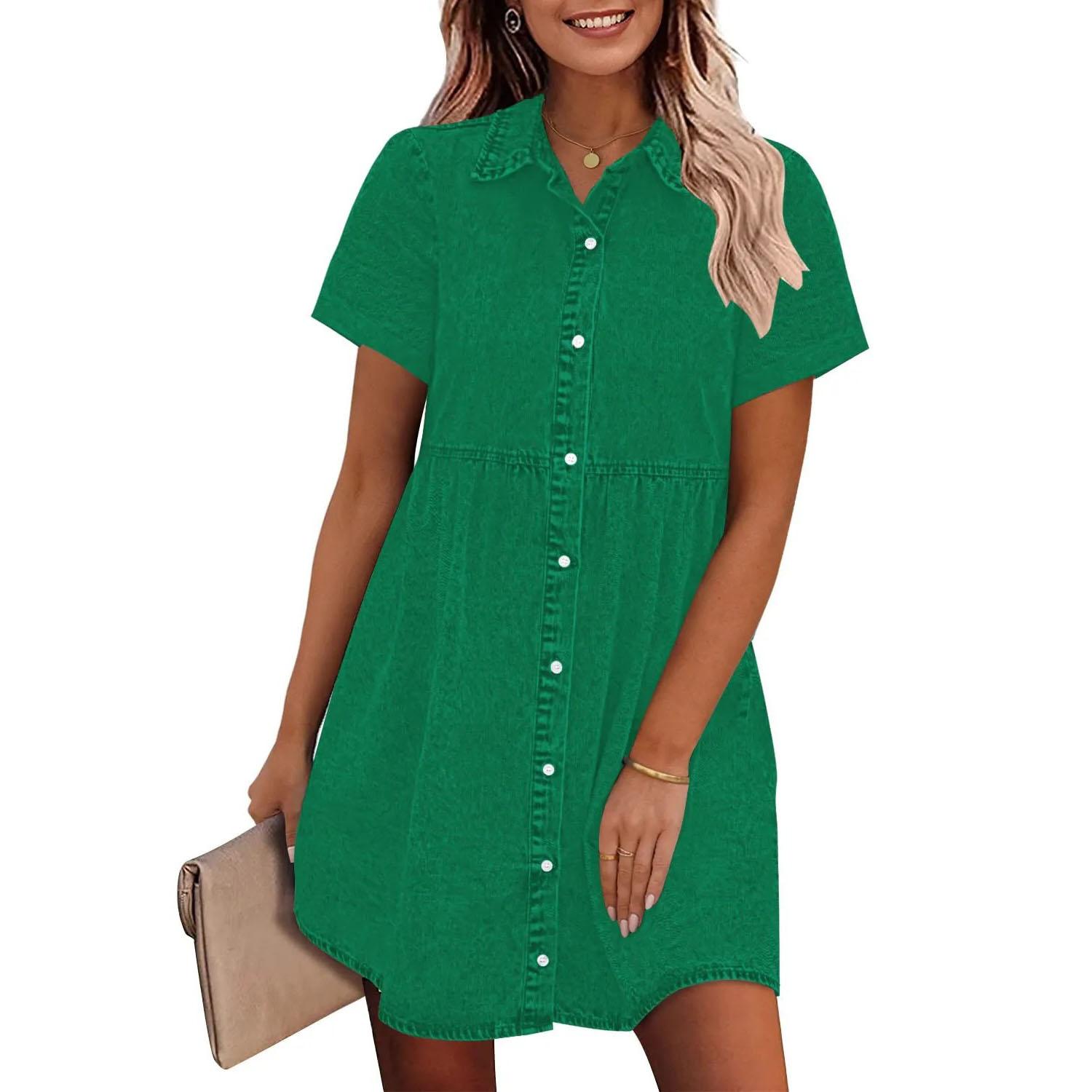 

Жіночі джинсові сорочки з коротким рукавом, відкладним коміром, джинсова сукня, однобортний повсякденний топ, вільний жіночий сукня з рюшами S зелений
