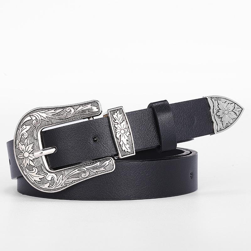 Casual Belt - Versatile Decorative Belt with Unique Engraved Antique Silver Buckle - Three-piece Set for Flat Waistbands