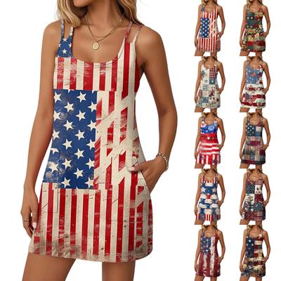 Women’s Fashionable Casual Independence Day Printed Dress, Double-Strap Dress With Pockets