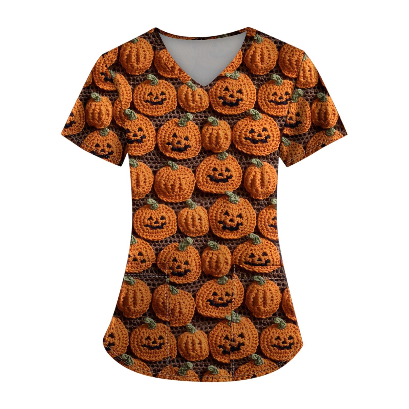 

Плюс размерСкраб с принтом Рабочая форма Топы для женщин Крест V-образным вырезом Хэллоуин Принт с короткими рукавами Забавные футболки Спецодежда Футболка с карманами XL шафрановый