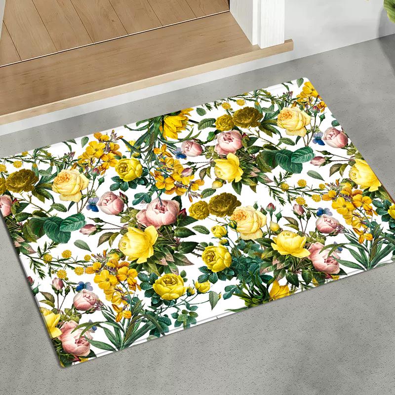 3D Colorful Flowers Flannel Doormat Absorbent Mat for Bedside Entrance Kitchen Floral Rug Home