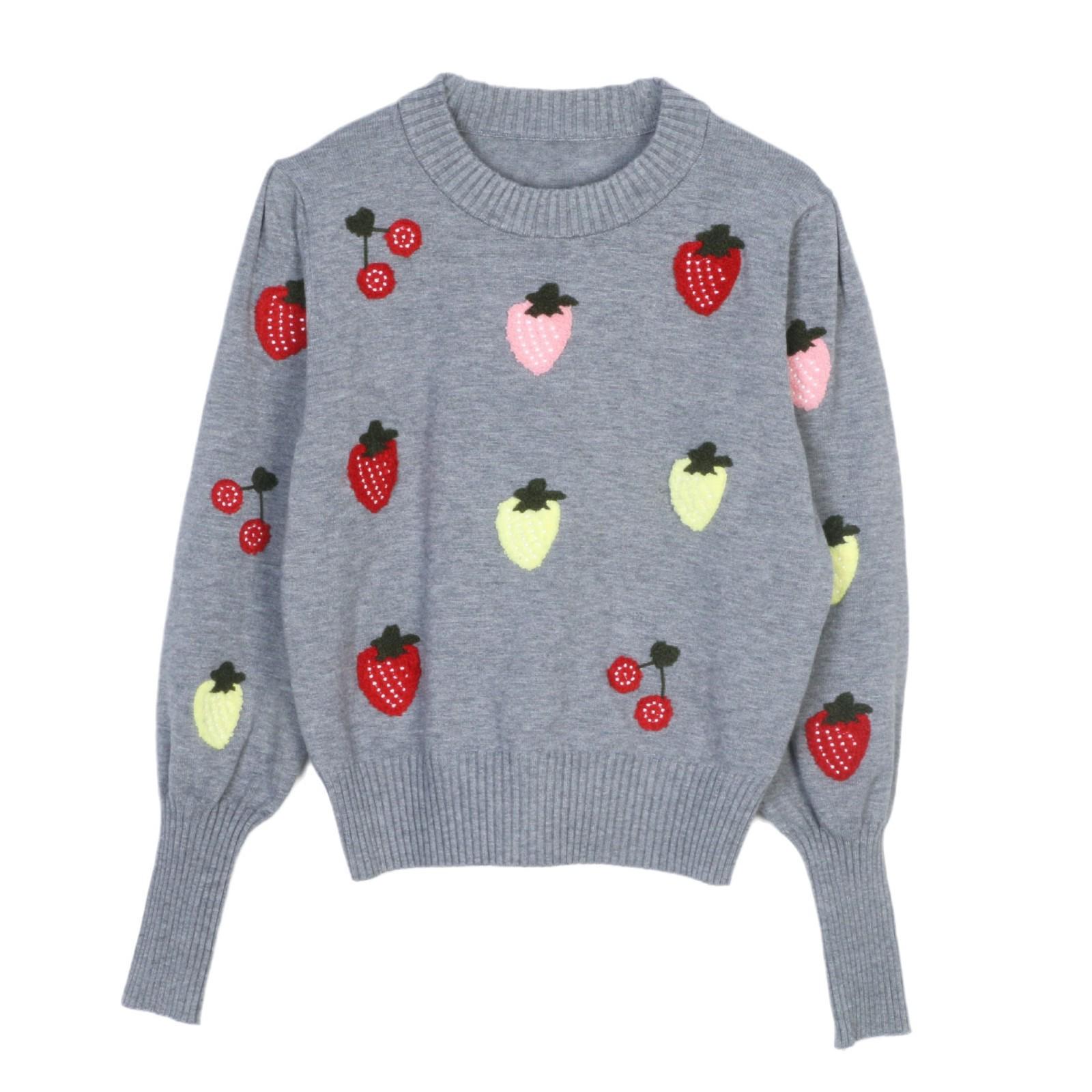 

Корейский ретро свитер облегающего кроя с вышивкой клубники для женщин - Серая осенняя мода Small