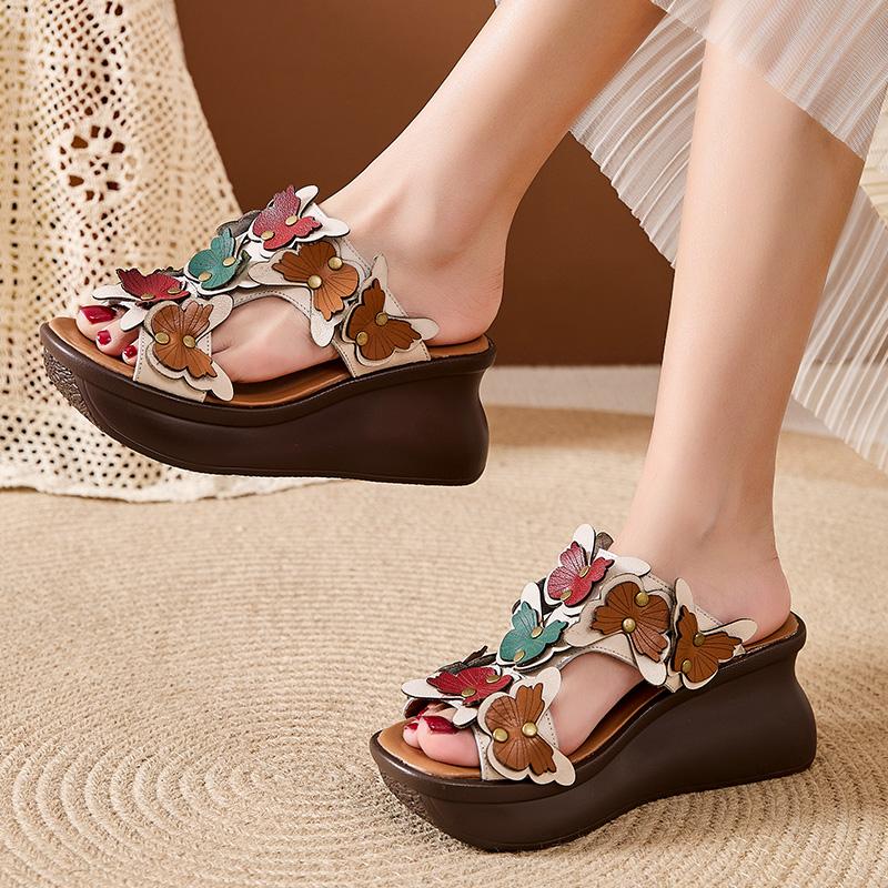 Fashion GKTINOO Genuine Leather Summer Shoes Women Slippers Wedges Outside Slides Flowers 2025 New Handmade Concise Ladies Slippers
