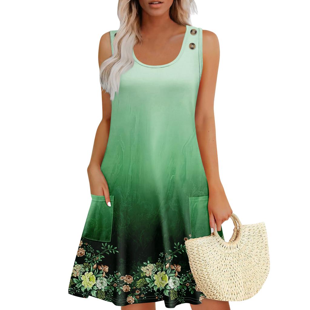 Summer Dresses For Women Beach Boho Sleeveless Printing Flowy Pocket Tshirt Tank Sundresses