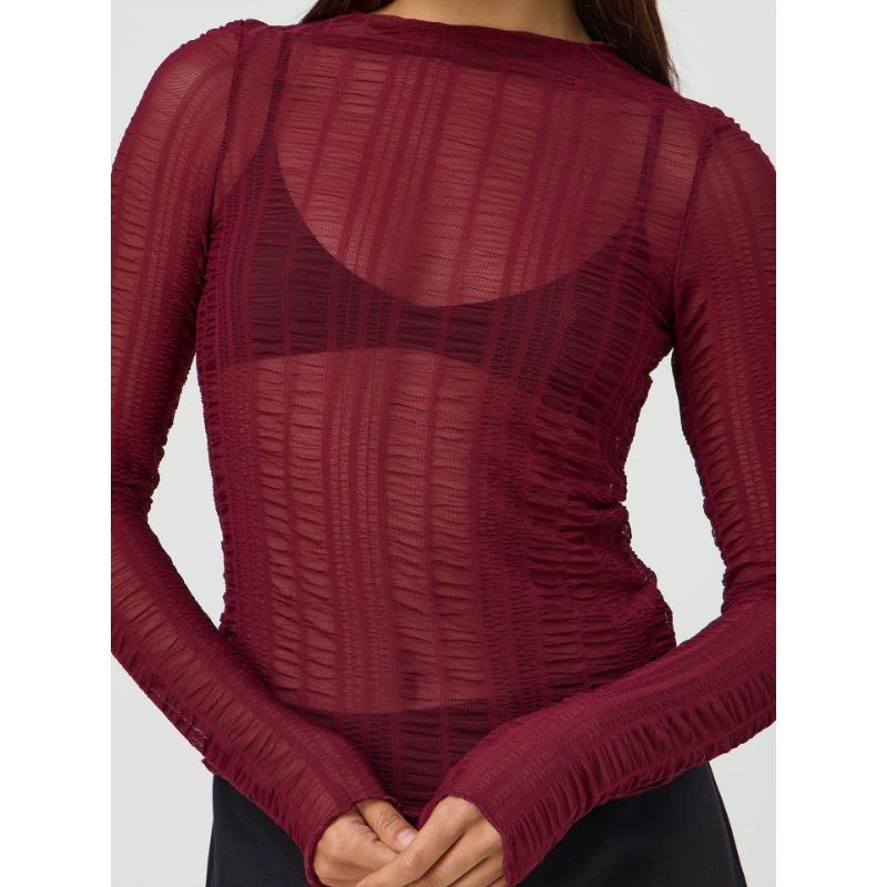 Dámský sexy top s průstřihy, kulatým výstřihem, jednobarevný, průsvitný, s dlouhým rukávem