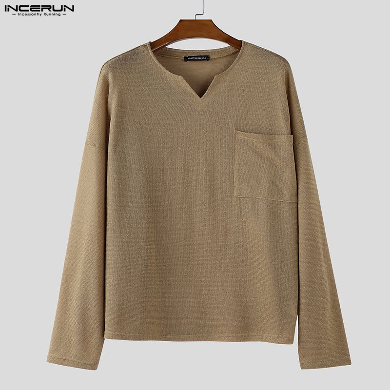 INCERUN Oversized Autumn Spring Men Casual Long Sleeve Texture T-shirts Tops