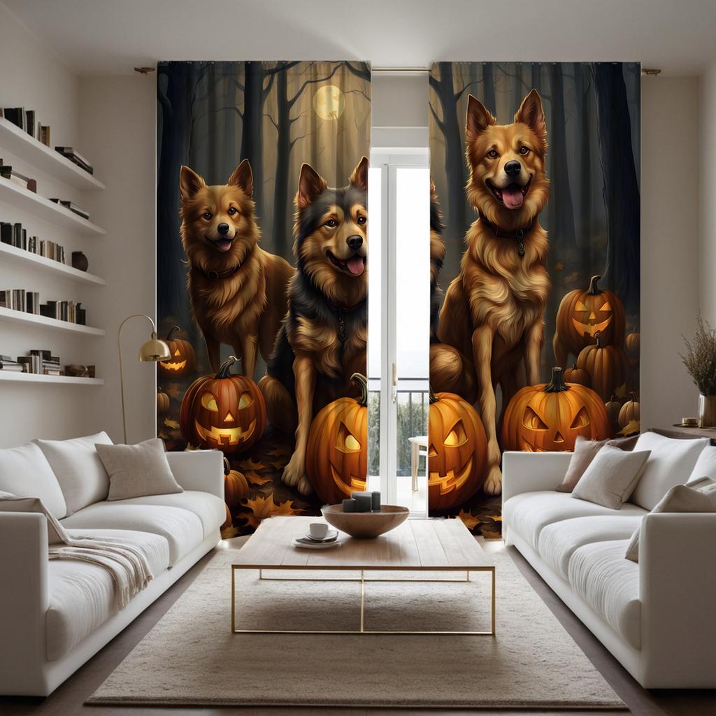 2-piece HD Moonlit Halloween jack-o '-lantern Wolf dog curtain Black tie digital printed curtain Home Decoration style Decoratio