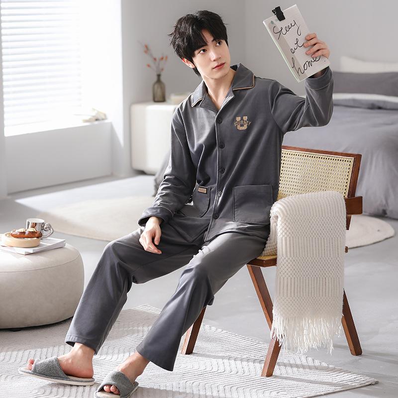 Pajamas Men'S Coral Fleece Autumn And Winter Flannel Island Fleece Loungewear Can Be Worn Outside A Thin Fleece Suit