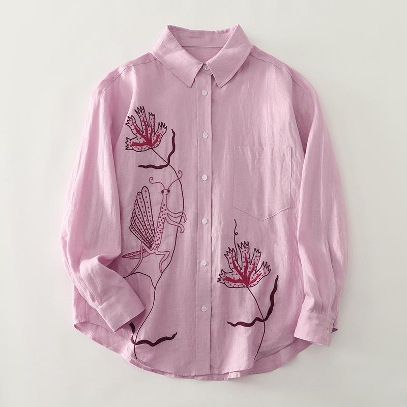 Spring Luxury French Chic Pink Embroidered Long-Sleeve Women's Shirt