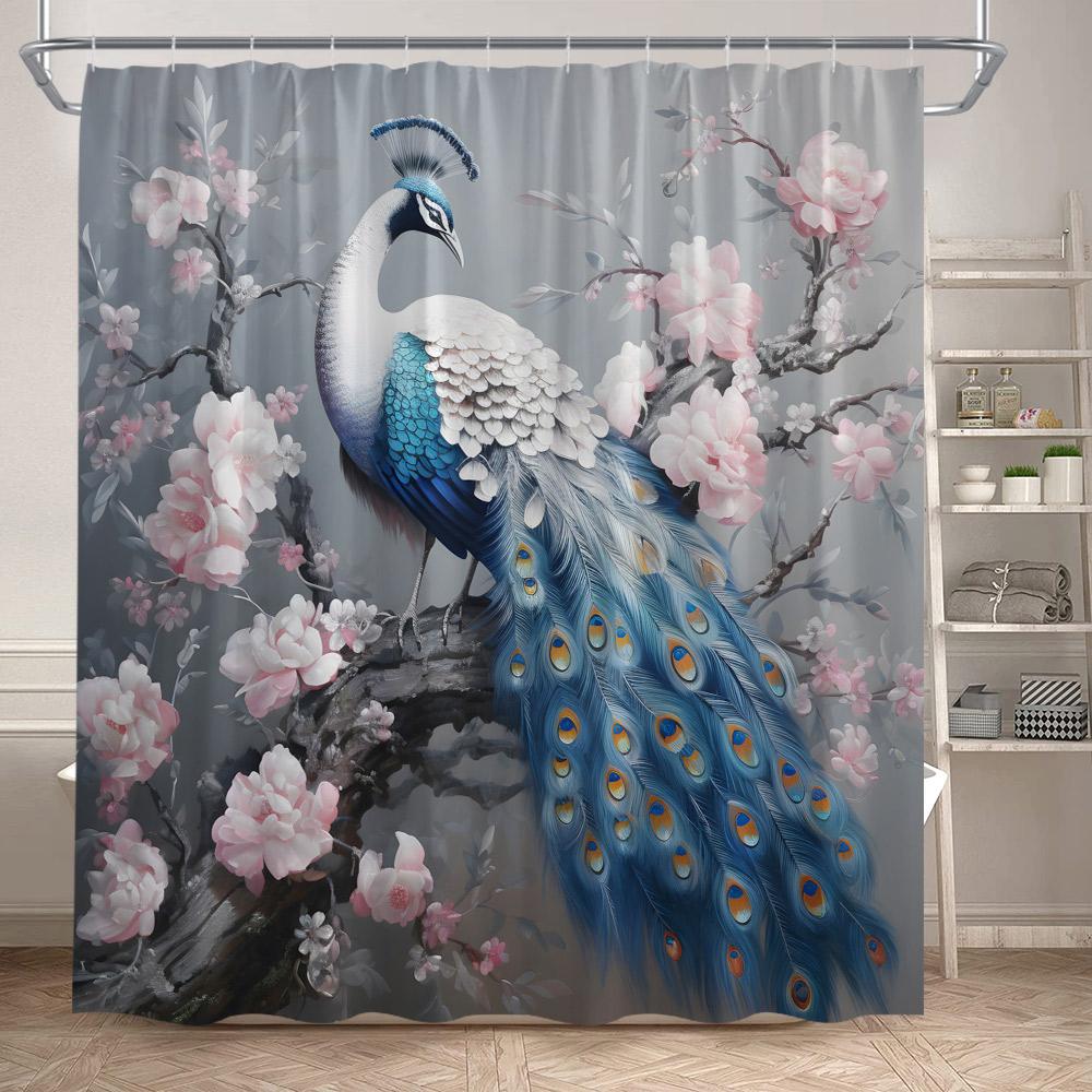 Blue Peacocks Shower Curtains Forest Trees Plants Flowers Waterfall Scenery Polyester Fabric Bathroom Curtain Decor With Hooks
