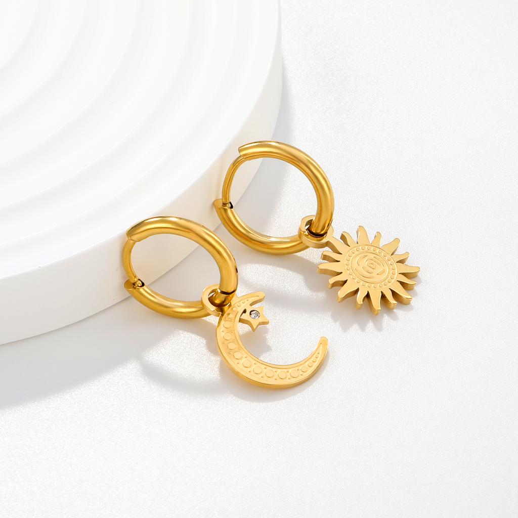 Romantic Asymmetric Stainless Steel Gold Color Sun Moon Pendant Drop Earrings for Women Shiny Zirconia Earrings Trendy Jewelry