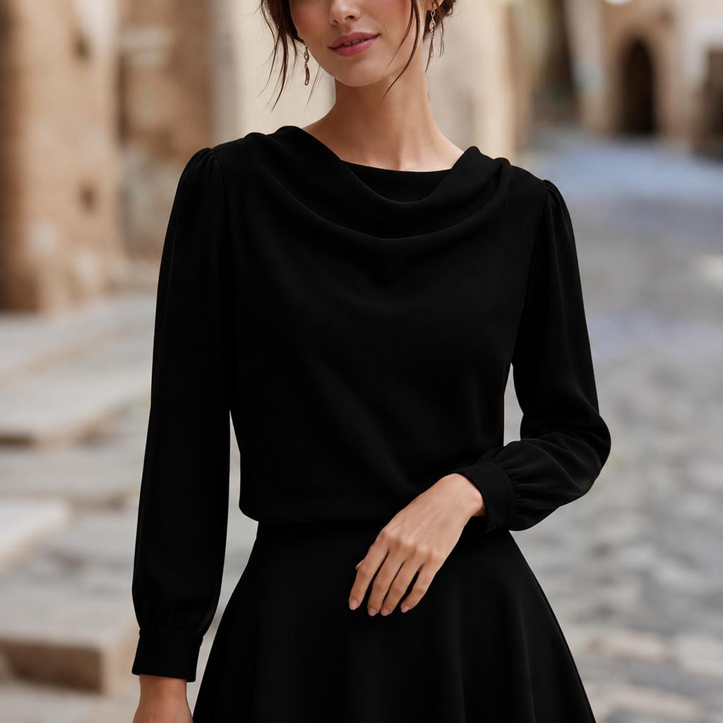 Women's Cowl Neck Long Sleeve Chiffon Blouse Color Top