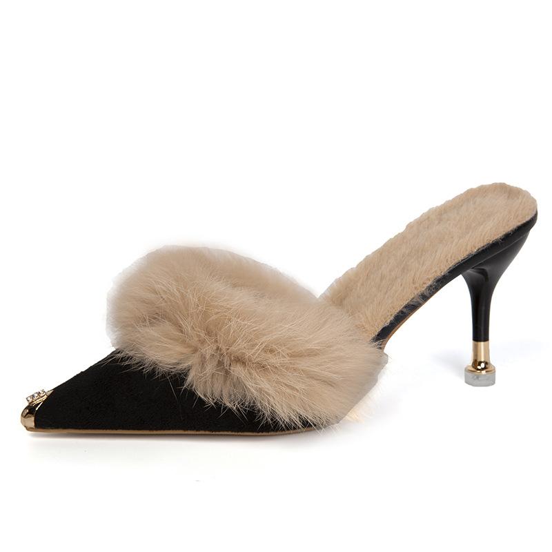 

Niche rabbit Mao Mao high heels women winter wear thin heel fashion velvet 25 Internet celebrity temperament half pack slippers female tide 40