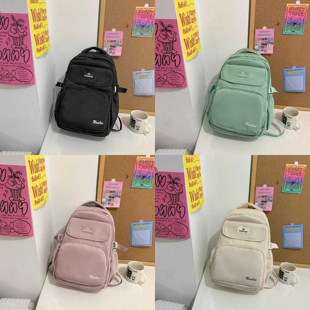 Simple Solid Color Letter Printed Student Backpack With Plush Pendant For Daily Use